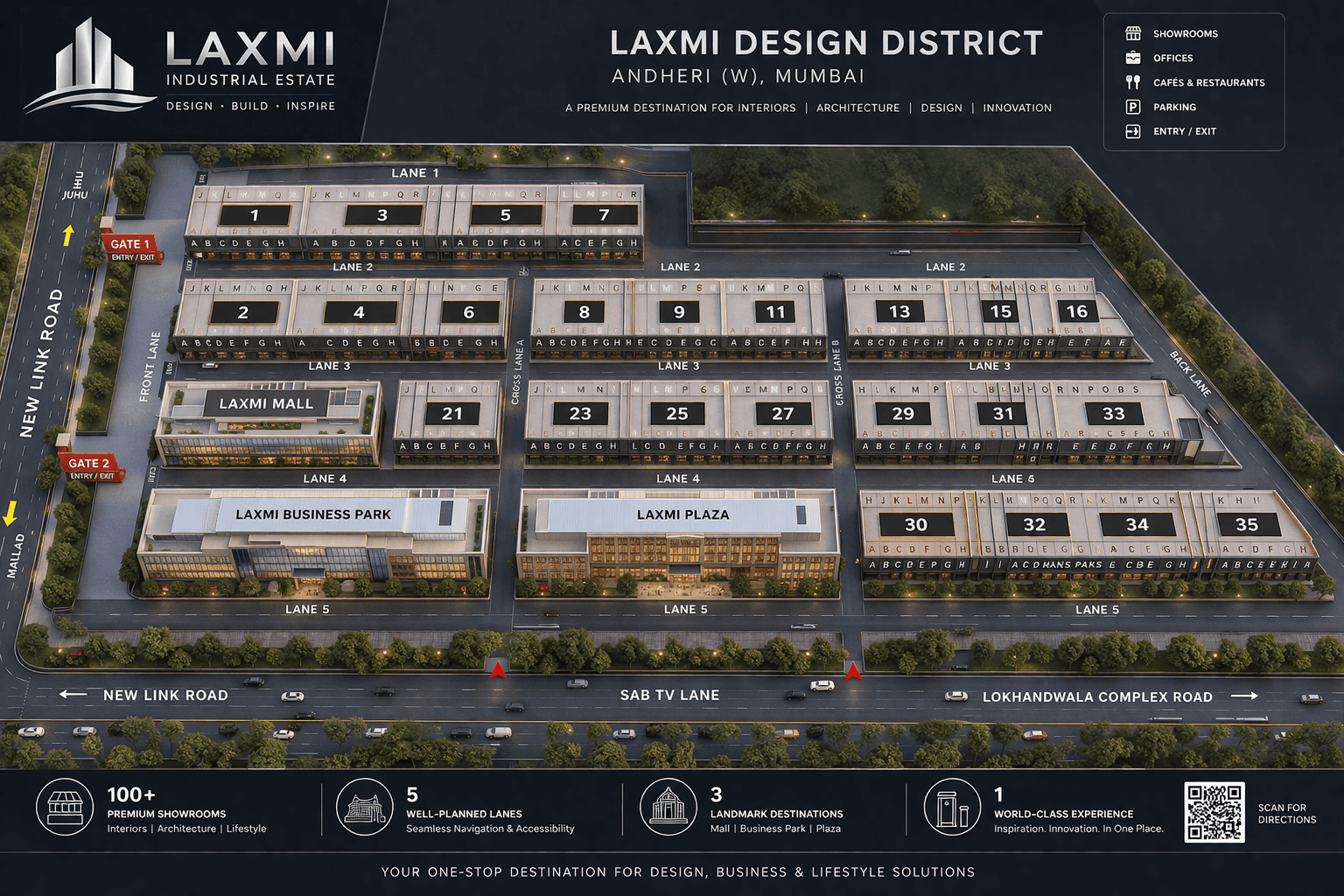 Laxmi Design District estate map showing all 35 blocks, 5 lanes, gates, and landmark destinations